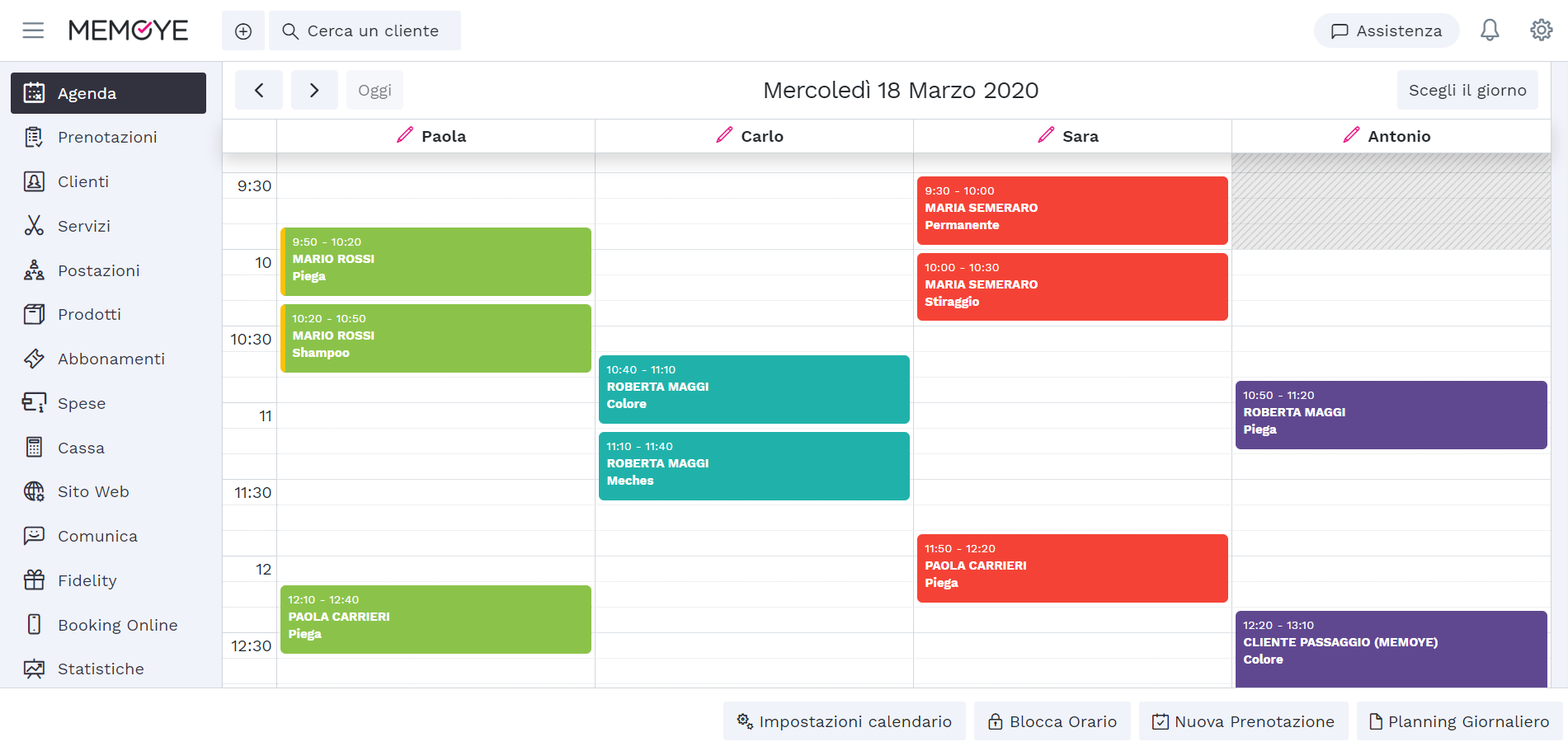 Schermata del planning appuntamenti di Memoye, il gestionale online per parrucchieri e centri estetici, versione desktop