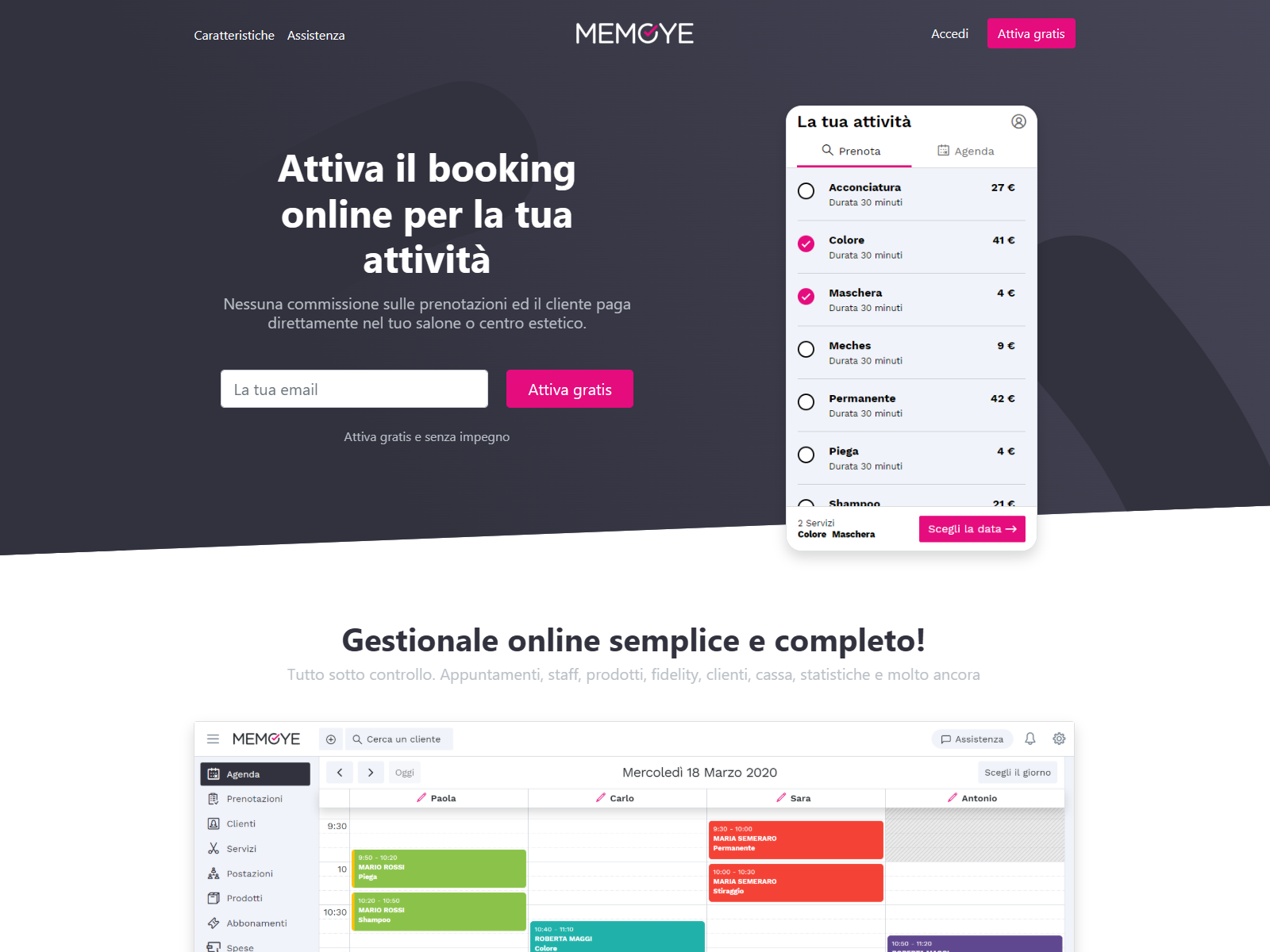Schermata della prenotazione online di Memoye